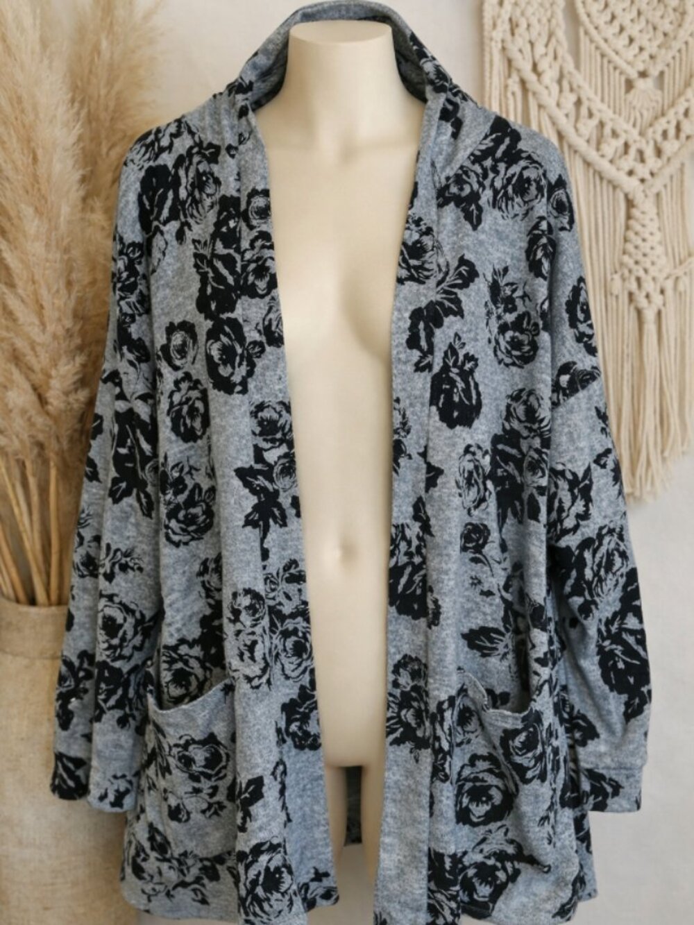 Cozy Blue‑Gray Open-Front Soft Hooded Cardigan Plus 3X Boho Floral Casual Layer